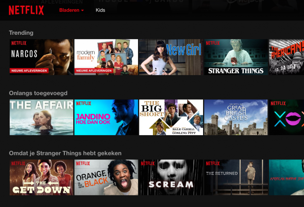 Een Netflix pagina waar persoonlijke aanbevelingen op aangegeven worden, op basis van eerder gekeken shows/films. Dit wordt gedaan door AI