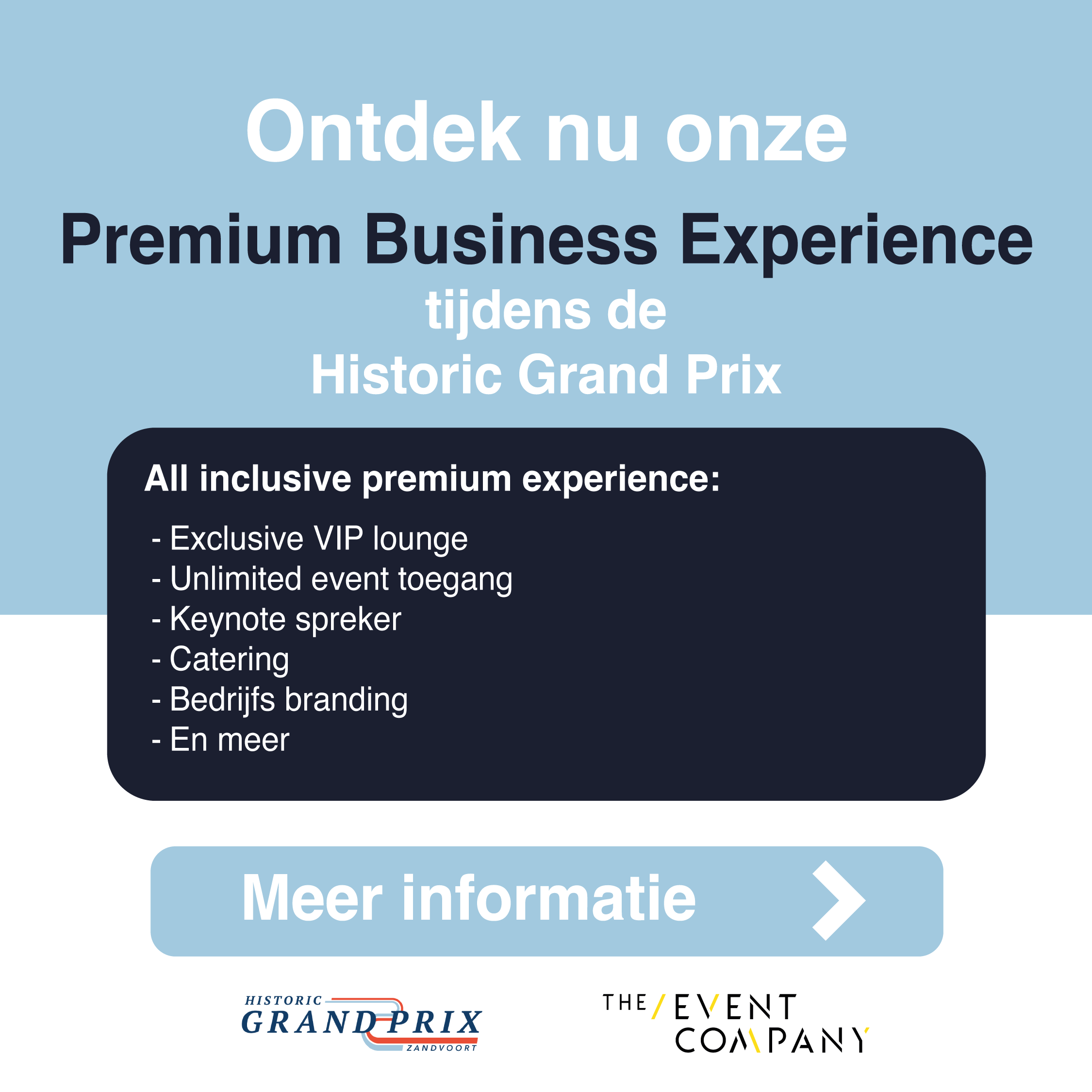 Poster in english for historic grand prix premium business experience. This is made possible by historic grand prix and the event company. The package is on Friday, June 21. 